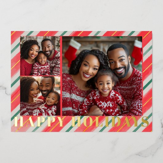 Goud in reliëf gestreepte kerst folie feestdagenkaart (Voorkant)