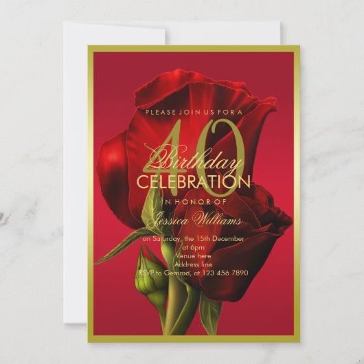 Goud ingelijste romantische rode roos verjaardag kaart (Voorkant)