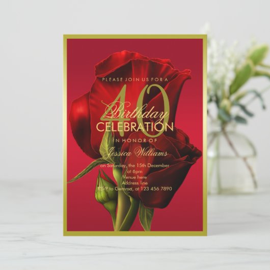 Goud ingelijste romantische rode roos verjaardag kaart (Staand voorkant)