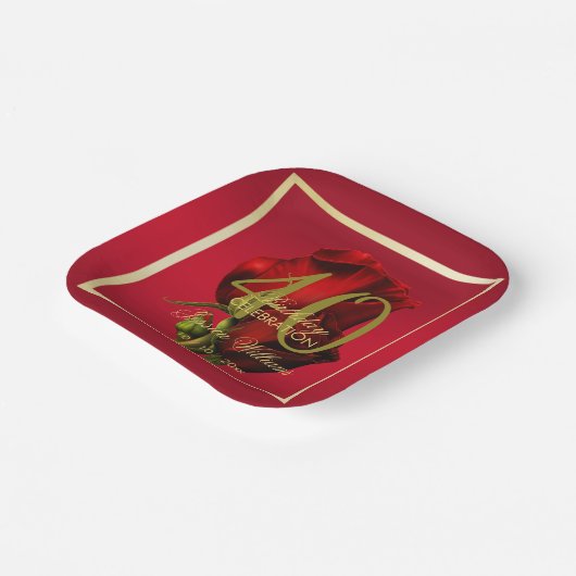 Goud ingelijste romantische rode roos verjaardag papieren bordje (Gebogen)