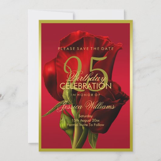 Goud ingelijste romantische rode roos verjaardag save the date (Voorkant)