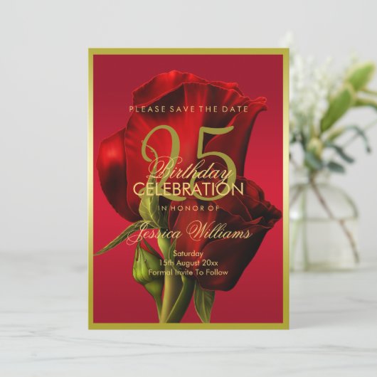 Goud ingelijste romantische rode roos verjaardag save the date (Staand voorkant)