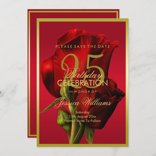 Goud ingelijste romantische rode roos verjaardag save the date (Voorkant / Achterkant)