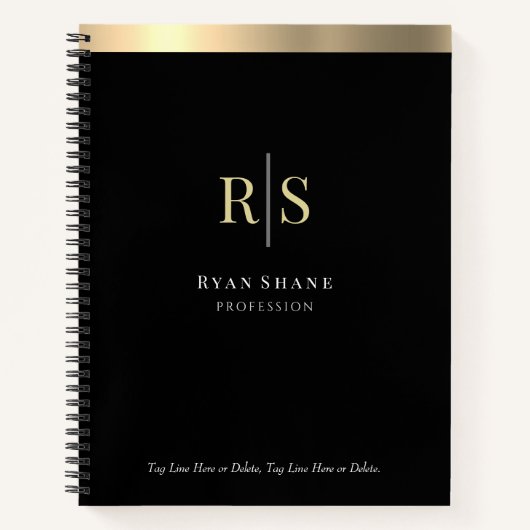 Goud Initiaal en streep, in beslag, zwart Notitieboek (Voorkant)