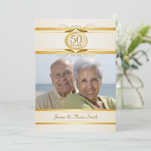 Goud & Ivoor 50ste verjaardagsfeest uitnodigingen (Staand voorkant)