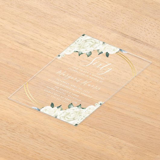 Goud Ivoor Bloemengroen 60e verjaardag Acryl Uitnodigingen (Laagn)