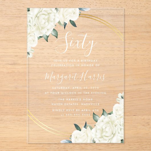 Goud Ivoor Bloemengroen 60e verjaardag Acryl Uitnodigingen (Voorkant)