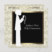 Goud Ivoor Damask Rozenkrans Jongens Eerste Commun Kaart (Voorkant / Achterkant)