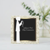 Goud Ivoor Damask Rozenkrans Jongens Eerste Commun Kaart (Staand voorkant)