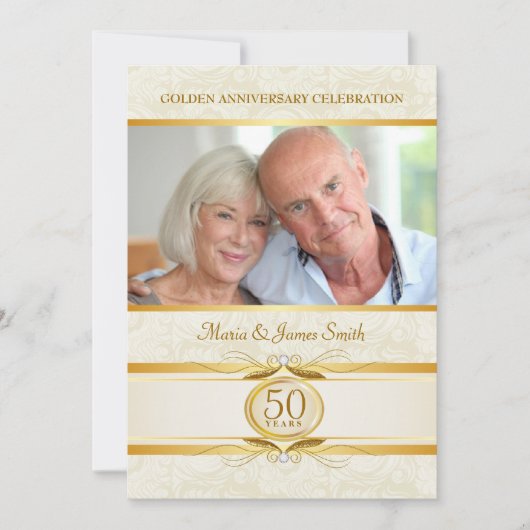 Goud & Ivoor Damast 50e Verjaardag Uitnodigingen (Voorkant)