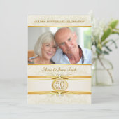 Goud & Ivoor Damast 50ste Verjaardag Uitnodigingen (Staand voorkant)