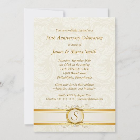 Goud & Ivoor Damast 50ste Verjaardag Uitnodigingen (Achterkant)