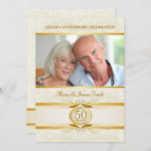 Goud & Ivoor Damast 50ste Verjaardag Uitnodigingen (Voorkant / Achterkant)