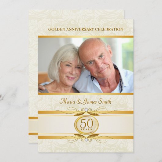 Goud & Ivoor Damast 50ste Verjaardag Uitnodigingen (Voorkant / Achterkant)