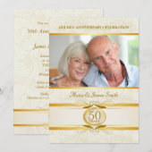 Goud & Ivoor Damast 50ste Verjaardags Uitnodiginge Kaart (Voorkant / Achterkant)