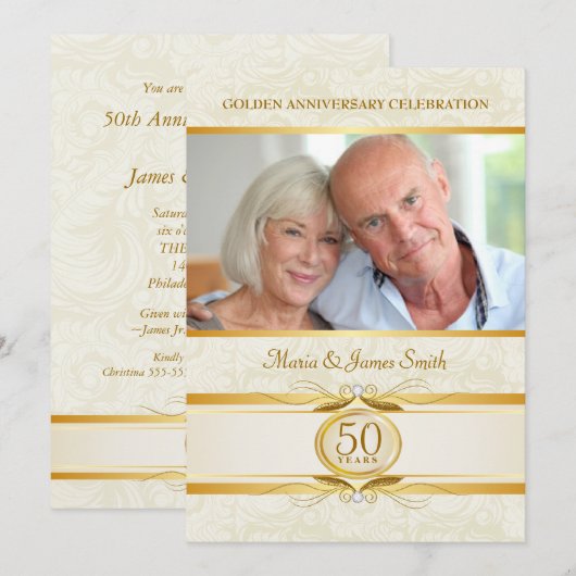 Goud & Ivoor Damast 50ste Verjaardags Uitnodiginge Kaart (Voorkant / Achterkant)