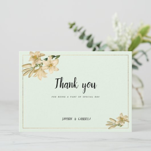 Goud ivoor munt groen wit lelie bloem Dank u Kaart (Staand voorkant)