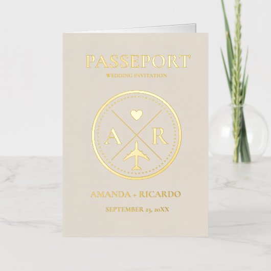 Goud & Ivoor paspoort bruiloft uitnodiging (Voorkant)