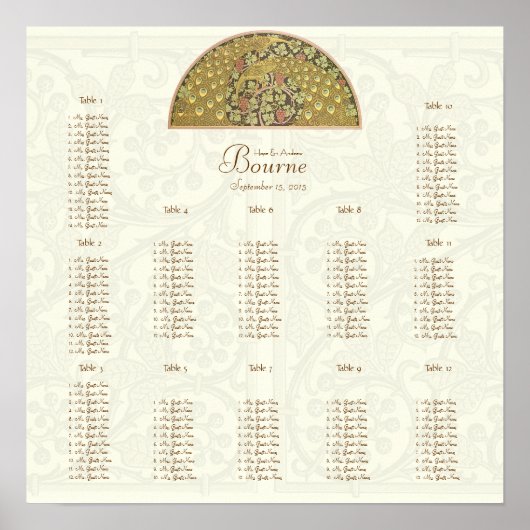 Goud Ivoor  Pauw Tortelduifjes 12 Tafels Poster (Voorkant)