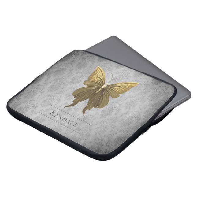 Goud Jeweled Butterfly Damask Laptop Sleeve (Voorkant top)