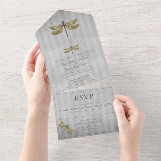 Goud Jeweled Dragonfly Bruiloft All In One Uitnodiging (Afscheurbaar)