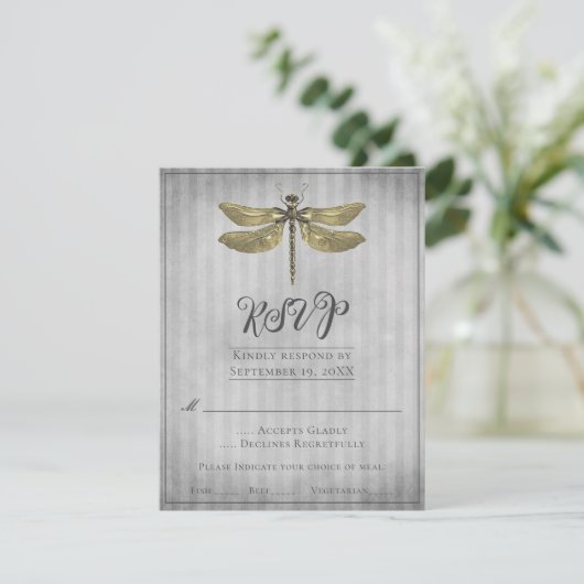 Goud Jeweled Dragonfly Wedding RSVP (Staand voorkant)