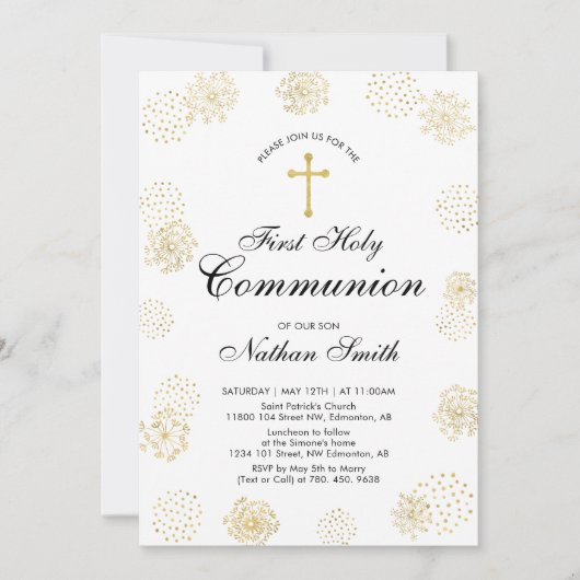 Goud | Jongen Eerste Heilige Communie Uitnodiging (Voorkant)