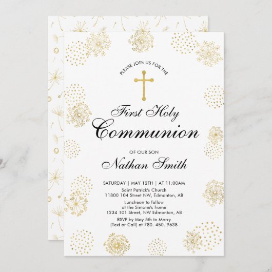 Goud | Jongen Eerste Heilige Communie Uitnodiging (Voorkant / Achterkant)