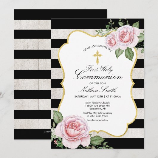 Goud | Jongen Eerste Heilige Communie Uitnodiging (Voorkant / Achterkant)