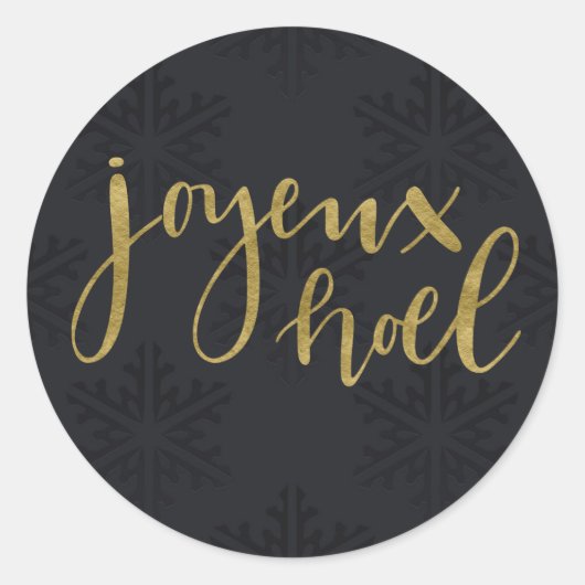 Goud JOYEUX NOEL Vakantie Winter Zwart Sneeuwvlokk Ronde Sticker (Voorkant)