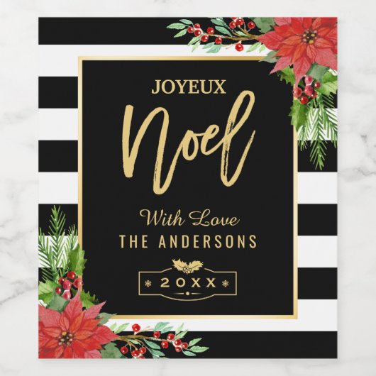 Goud Joyeux Noel Vrolijk Kerstfeest Poinsettia Blo Wijn Etiket (Enkel label)