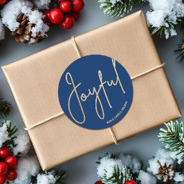 Goud JOYFUL op Blauwe Kerstmis Ronde Sticker
