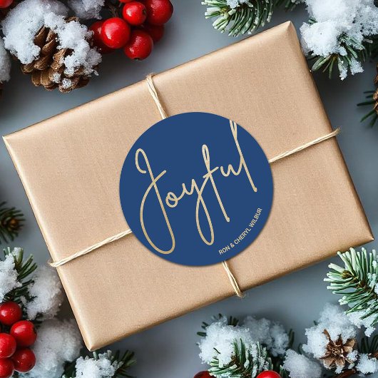 Goud JOYFUL op Blauwe Kerstmis Ronde Sticker