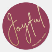 Goud JOYFUL op Cranberry Kerstmis Ronde Sticker (Voorkant)