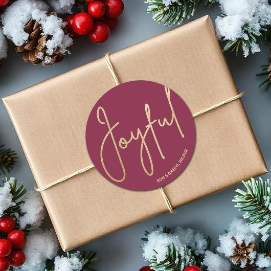 Goud JOYFUL op Cranberry Kerstmis Ronde Sticker