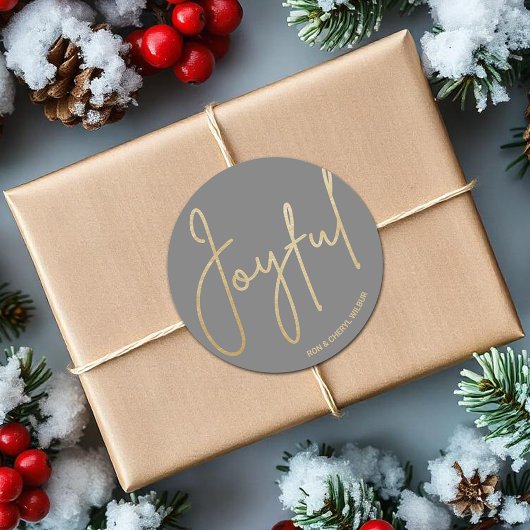 Goud JOYFUL op Grijze Kerstmis Ronde Sticker