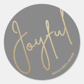 Goud JOYFUL op Grijze Kerstmis Ronde Sticker (Voorkant)
