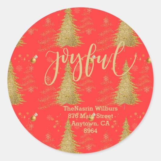 Goud JOYFUL op Rode Kerst Ronde Sticker (Voorkant)