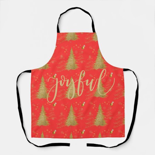 Goud JOYFUL op Rode Kerstfeestviering Schort (Voorkant)