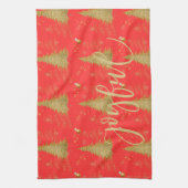 Goud JOYFUL op Rode Kerstfeestviering Theedoek (Verticaal)
