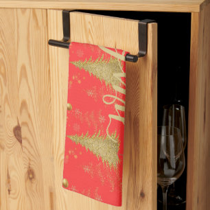 Goud JOYFUL op Rode Kerstfeestviering Theedoek