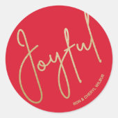 Goud JOYFUL op Rode Kerstmis Ronde Sticker (Voorkant)
