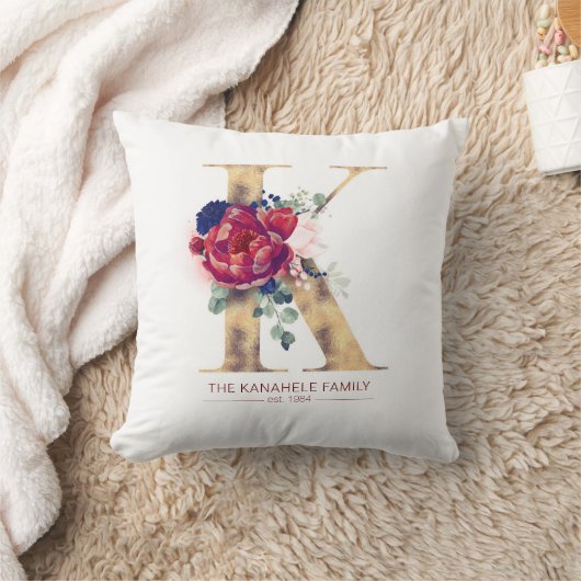 Goud K Monogram Bloemen Bourgogne Rood en Navy Bla Kussen (Deken)