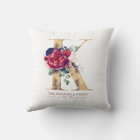 Goud K Monogram Bloemen Bourgogne Rood en Navy Bla Kussen (Achterkant)