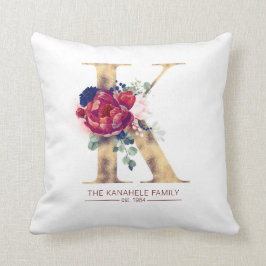 Goud K Monogram Bloemen Bourgogne Rood en Navy Bla Kussen