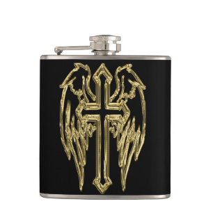 Goud katholiek kruis met vleugels heupfles