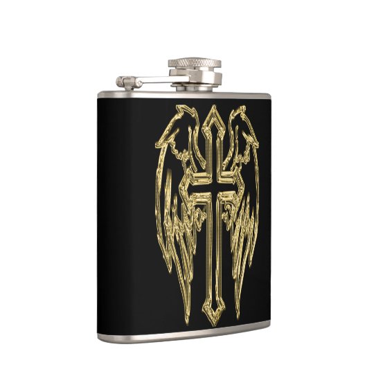 Goud katholiek kruis met vleugels heupfles (Rechts)