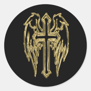 Goud katholiek kruis met vleugels ronde sticker