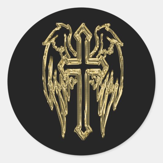 Goud katholiek kruis met vleugels ronde sticker (Voorkant)