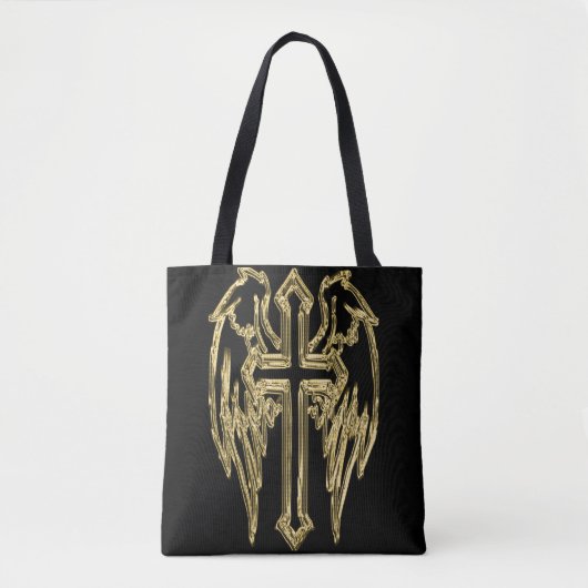 Goud katholiek kruis met vleugels tote bag (Voorkant)